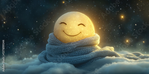 A Cute Smiling Moon Wrapped in a Tiny Glow with Stars for Dreamy, Whimsical, and Fantasy Design Projects photo
