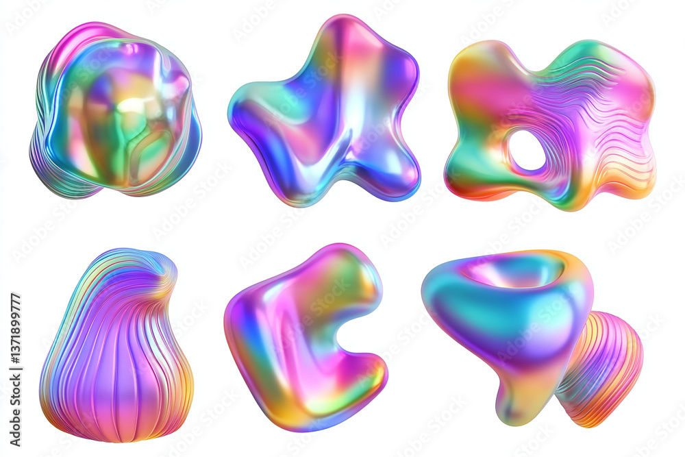 set of abstract shapes gradient freeform shape form fluid holographic Iridescent 3d render icon isolated on white background set of abstract shapes gradient freeform shape form fluid holographic Iridescent 3d render icon isolated on white background