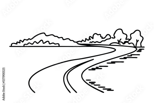 The road curves near lake. line art flat vector illustration