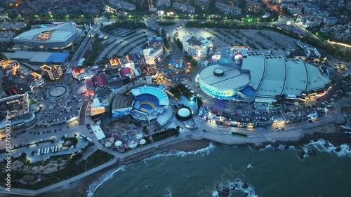 4k Video Aerial Shot of Qingdao Seaside Landmarks Polar Ocean World at Night