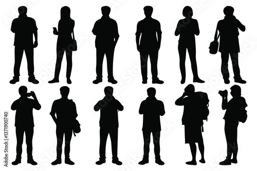 Traveller and vlogger silhouettes set isolated flat vector illustration on white background.