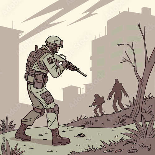 Military Gear Clad Survivor Zombies in Post-Apocalyptic Scenes