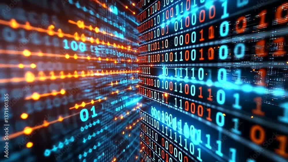 Abstract representation of digital data flow with binary code in a futuristic environment, ideal for tech-related themes