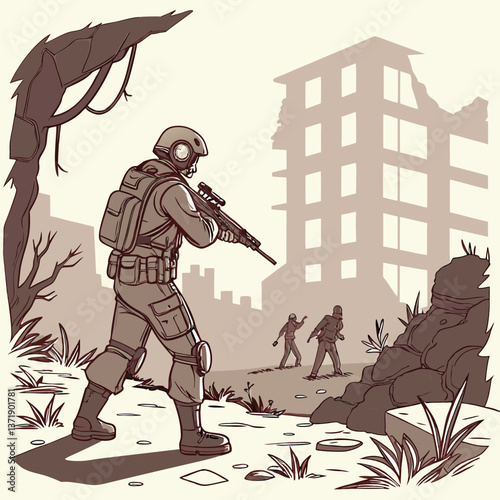 Military Gear Clad Survivor Zombies in Post-Apocalyptic Scenes