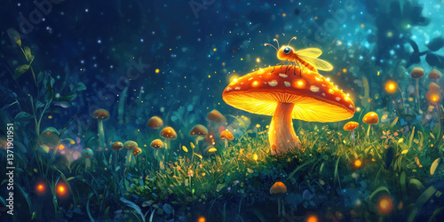 Glowing Firefly Resting on a Smiling Mushroom for Magical Forest, Fantasy Creatures, and Dreamlike Nature Projects photo