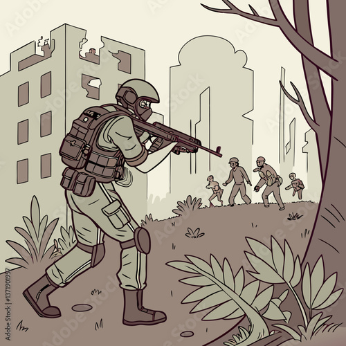 Military Gear Clad Survivor Zombies in Post-Apocalyptic Scenes