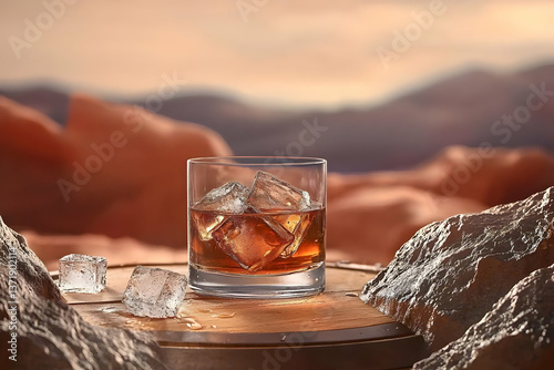 Whiskey rocks on wooden barrel, desert sunset
