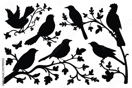 Birds and twigs silhouette isolated flat vector illustration on white background