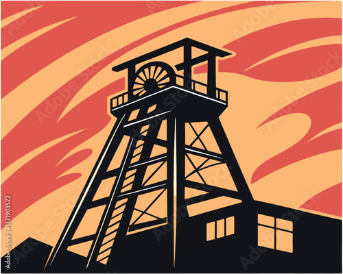 Stylized Coal Mine Headframe Illustration at Sunset or Sunrise.