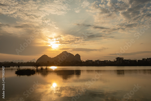 Celestial Dawn on Li River: Golden Mist Rising Between Emerald Karst Peaks – Guilin's Living Watercolor Masterpiece