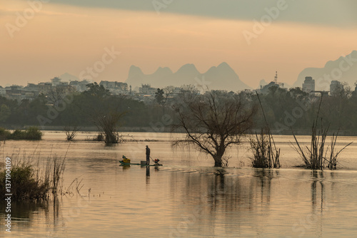 Celestial Dawn on Li River: Golden Mist Rising Between Emerald Karst Peaks – Guilin's Living Watercolor Masterpiece