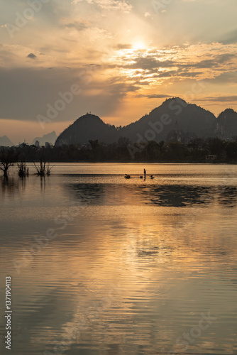 Celestial Dawn on Li River: Golden Mist Rising Between Emerald Karst Peaks – Guilin's Living Watercolor Masterpiece
