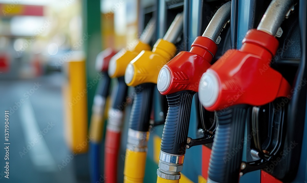 Close-up view of colorful fuel pumps lined up at a gas station, ready for service. Close-up view of colorful fuel pumps lined up at a gas station, ready for service.