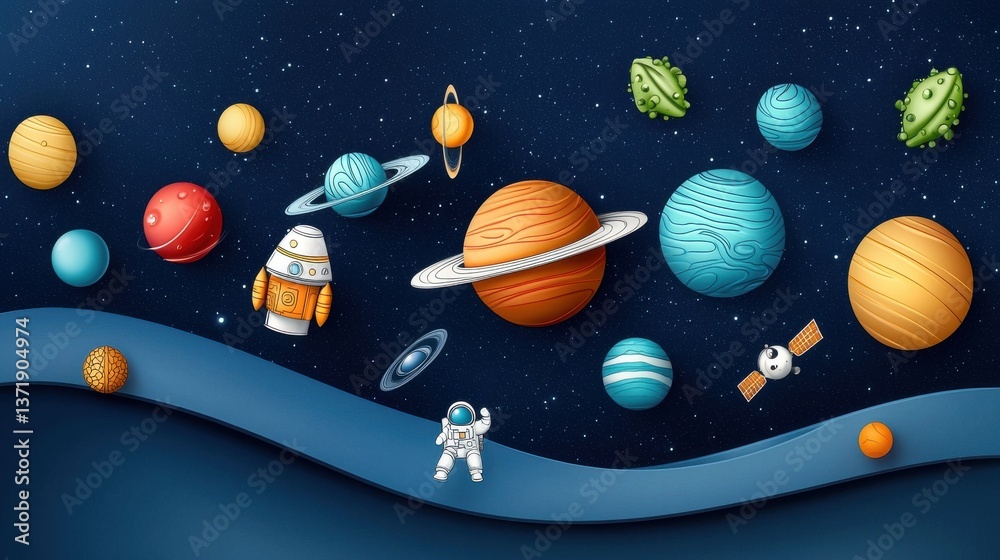 Naklejka premium A charming illustration depicts a whical astronaut explo a vibrant cosmos filled with colorful planets, a rocket ship, and a satellite soa through space.
