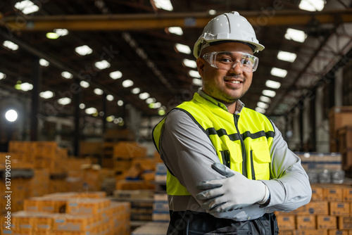 Close up technician engineer wearing and adjust protective safety helmet or hard hat. Safety equipment for industry factory. Safety at work concept.