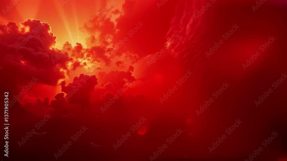 A red sky with clouds and a sun in the background
