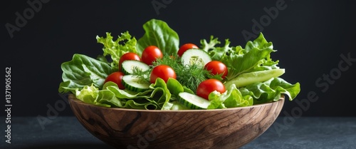 A wooden bowl filled with a fresh salad of lettuce tomatoes and cucumber slices on a black background