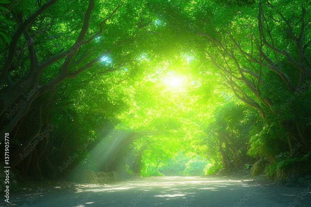 Fototapeta premium Sunny forest path. Verdant canopy lets sunlight shine through, illuminating the road