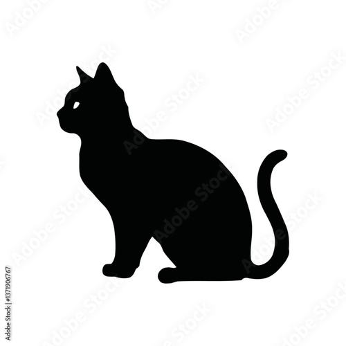 A black and white vector illustration of a cat looking up with perked ears on a white background