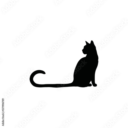 A black and white vector silhouette of a cat sitting elegantly with a long, curved tail on a white background