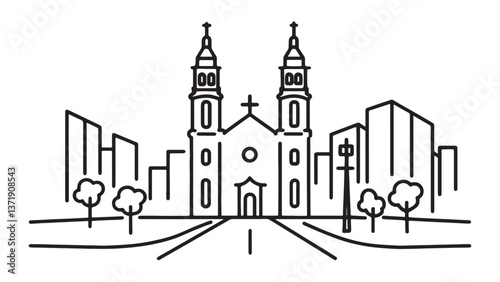 large church featuring two prominent towers, situated in the heart of a bustling cityscape line art flat vector illustration.