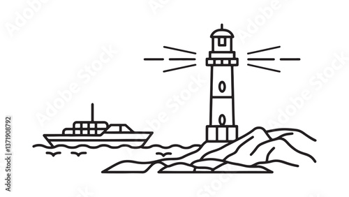 lighthouse stands on rocky terrain beside the water, guiding ships with its bright light against a clear sky line art flat vector illustration
