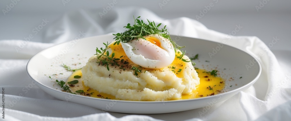 Creamy Mashed Potatoes with Poached Egg Seasoned with Herbs and Spices for a Gourmet Dish Creamy Mashed Potatoes with Poached Egg Seasoned with Herbs and Spices for a Gourmet Dish