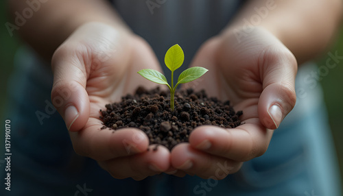 Two hands softly cradling a tiny plant with soil on a white background, with space for text
