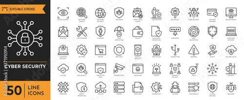 Cyber security icon set. Containing Data Protection, Hacker, Password, Firewall, Spam, Antivirus, Virus Threat, Padlock, Secure, Phishing. Vector illustration. Editable stroke.