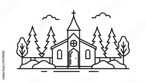 Quaint church nestled among tall trees in a serene forest setting, surrounded by lush greenery and natural beauty line art flat vector illustration