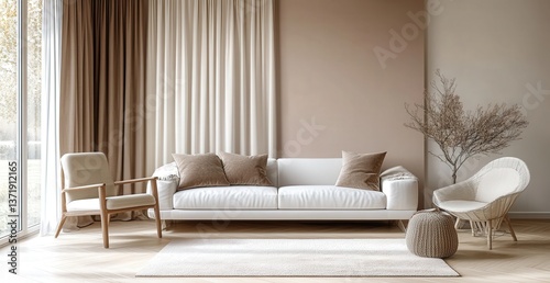 Minimalistic living room with neutral tones and cozy seating arrangement.