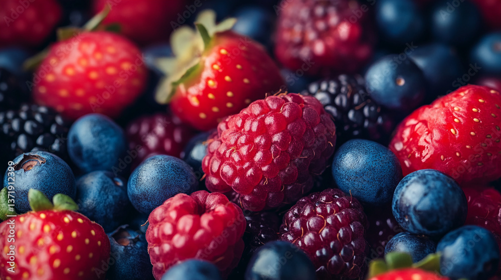 A close up shot of mixed berries including strawberries raspberries blueberries and blackberries together A close up shot of mixed berries including strawberries raspberries blueberries and blackberries together