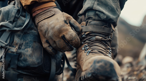 A hiker tightening the equipment