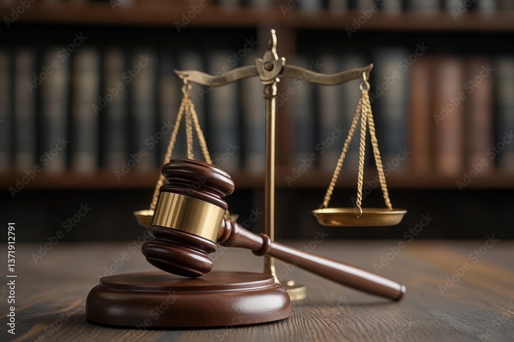 Wooden gavel beside balanced scales in a law library, symbolizing justice and legal proceedings. Wooden gavel beside balanced scales in a law library, symbolizing justice and legal proceedings.