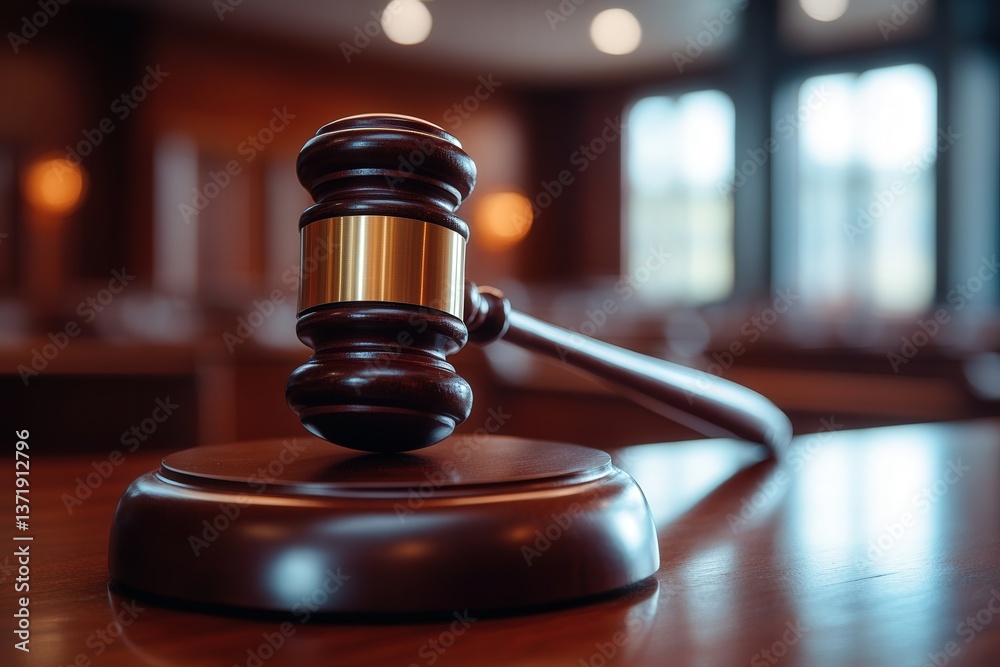 A wooden gavel rests on a judge's desk in a dimly lit courtroom. A wooden gavel rests on a judge's desk in a dimly lit courtroom.