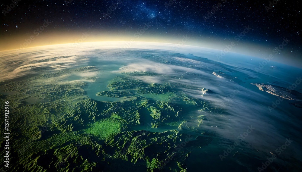 Fototapeta premium Earthrise: Coastal Dawn, Green Isles & Starry Sky