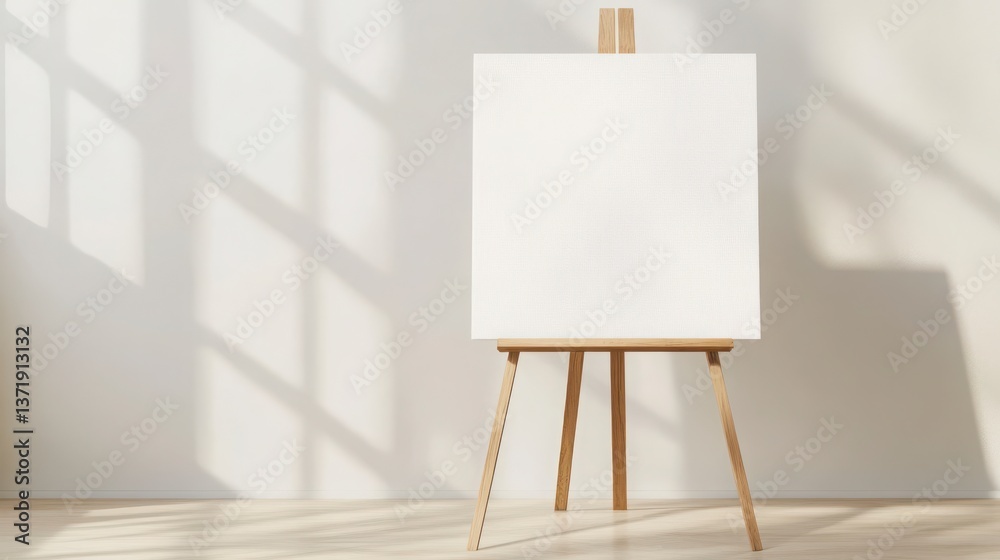 Blank Canvas on Wooden Easel with Soft Natural Light in Studio Blank Canvas on Wooden Easel with Soft Natural Light in Studio