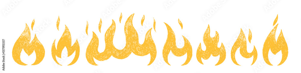 Set of fires or flames with crayon, pastel or chalk texture. Doodle yellow vector illustration for grunge design.