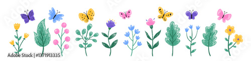 Set of color butterfly, leaves and spring flowers with crayon, pastel or chalk texture. Wildflowers and insects painted with pencil. Doodle vector illustration for child or school.