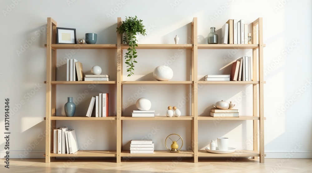 Light-filled minimalist bookshelf showcasing a curated collection of books, decorative spheres, and elegant home accessories, creating a serene and stylish atmosphere Light-filled minimalist bookshelf showcasing a curated collection of books, decorative spheres, and elegant home accessories, creating a serene and stylish atmosphere