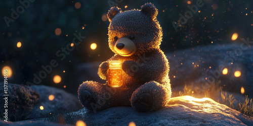 A Chubby Bear Holding a Tiny Honey Jar Sitting Comfortably for Cute Forest Creature Illustration photo