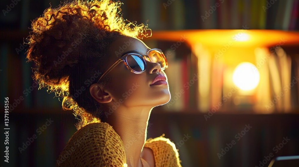 Naklejka premium Young Person in Sunglasses Reflecting on Skills Assessment Process in a Cozy Library Environment