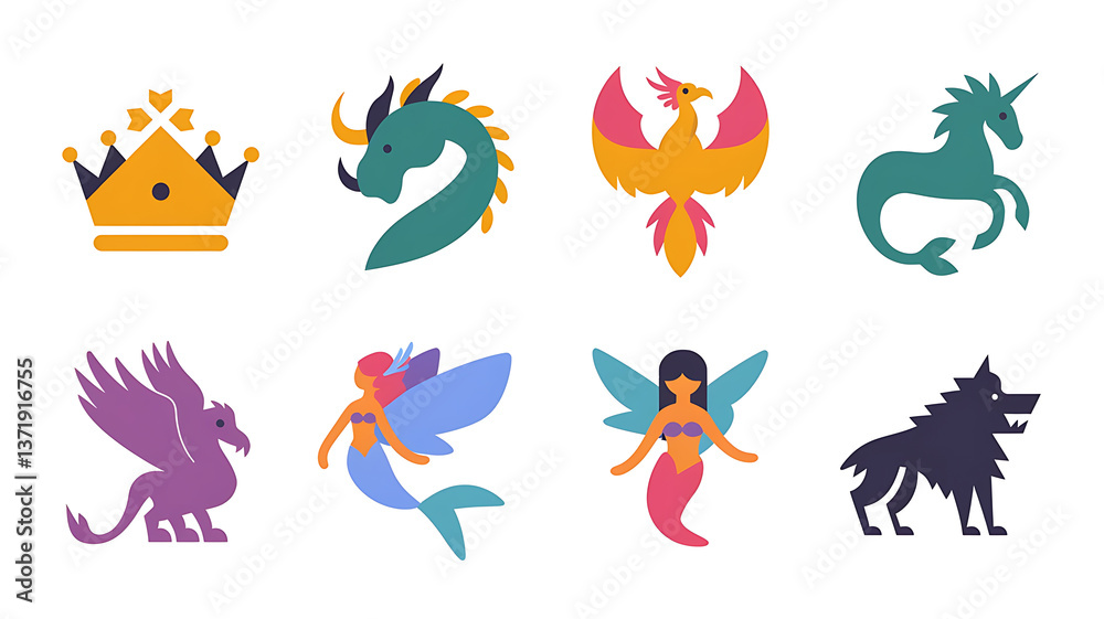 Obraz premium Fantasy creatures icons flat design mythical beasts vector graphics