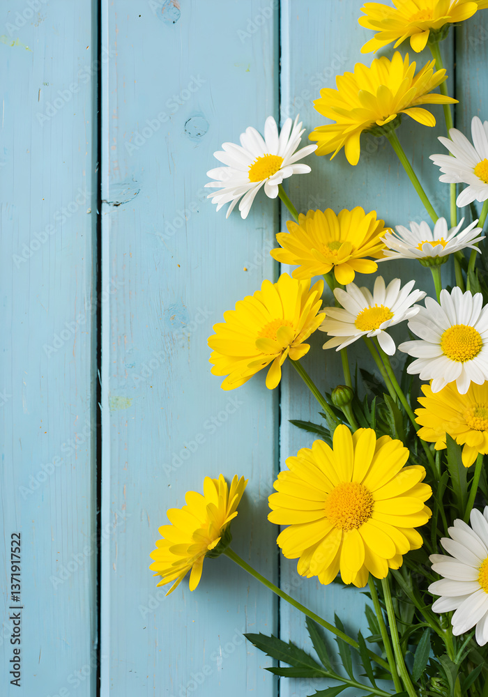 Fototapeta premium Vibrant Yellow and White Daisies against a Light Blue Wooden Background
