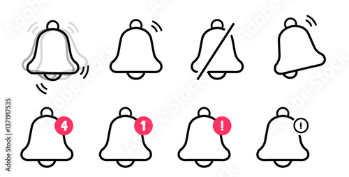 Notification bell icon set. Alarm symbol. Ringing bells reminder icon , incoming inbox message sign - Web icons collection set