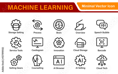 Artificial Intelligence Machine Learning Icons - AI, Neural Network, Deep Learning, Data Science, Algorithm - Vector, Outline, Line, Illustration, Minimal