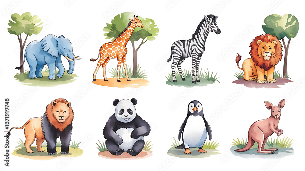 Naklejka premium Cute watercolor illustration of various safari animals