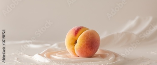 A ripe peach resting gently on a soft textured surface