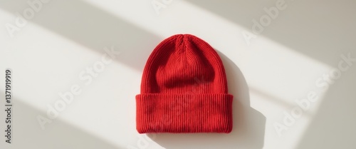 Red knitted wool beanie hat with folded cuff.