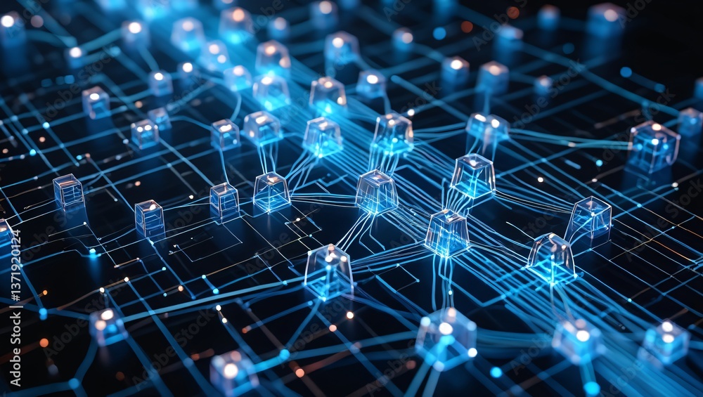 Obraz premium Abstract Network Data Flow Illuminated Cubes Connected by Glowing Lines Digital Technology Concept